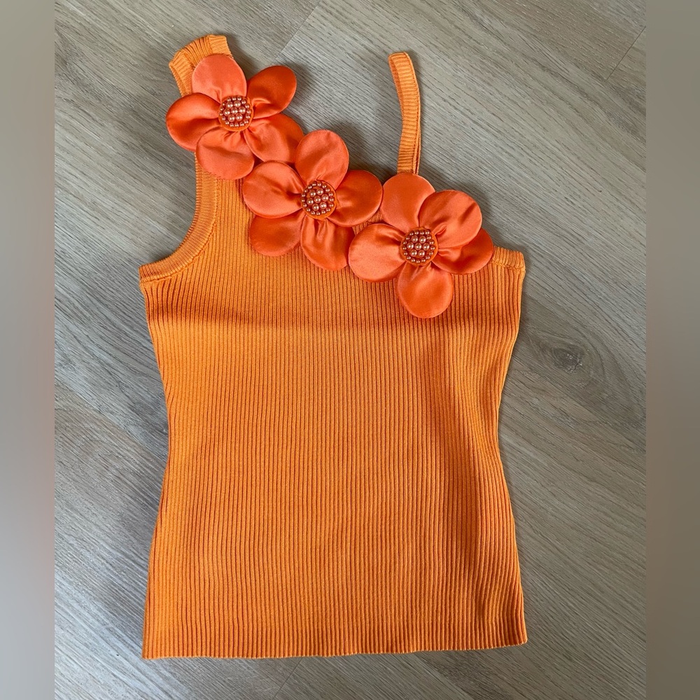 Orange Asymmetrical Embellished Tank Top